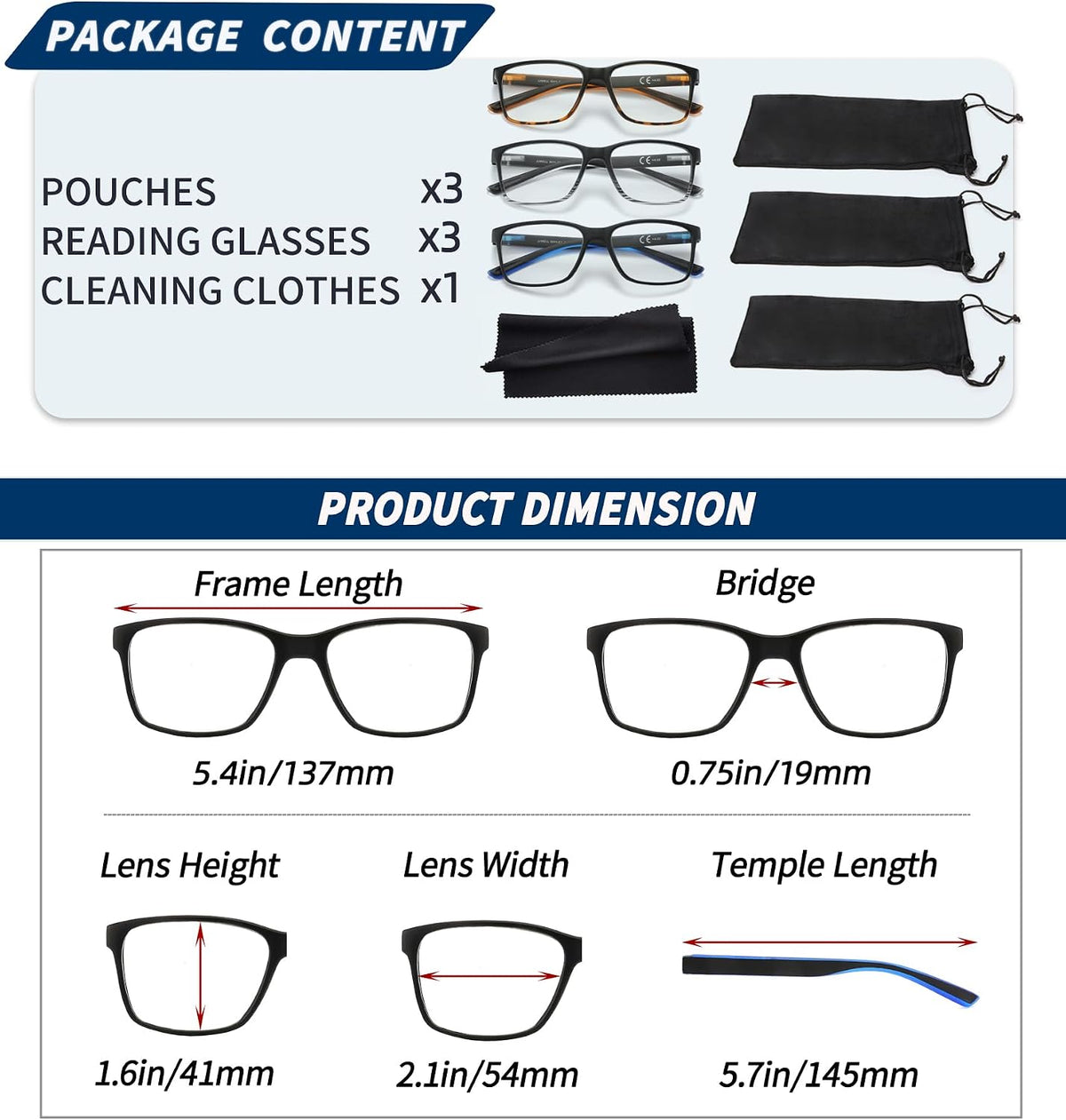 3 Pack Reading Glasses for Men Blue Light Blocking with Spring Hinge