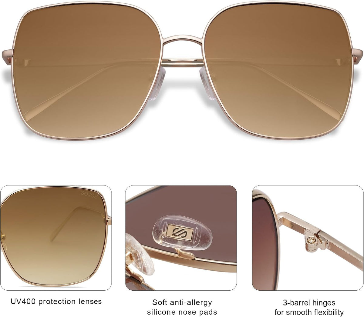 SOJOS Trendy Oversized Square Metal Frame Sunglasses for Women Men SJ1146