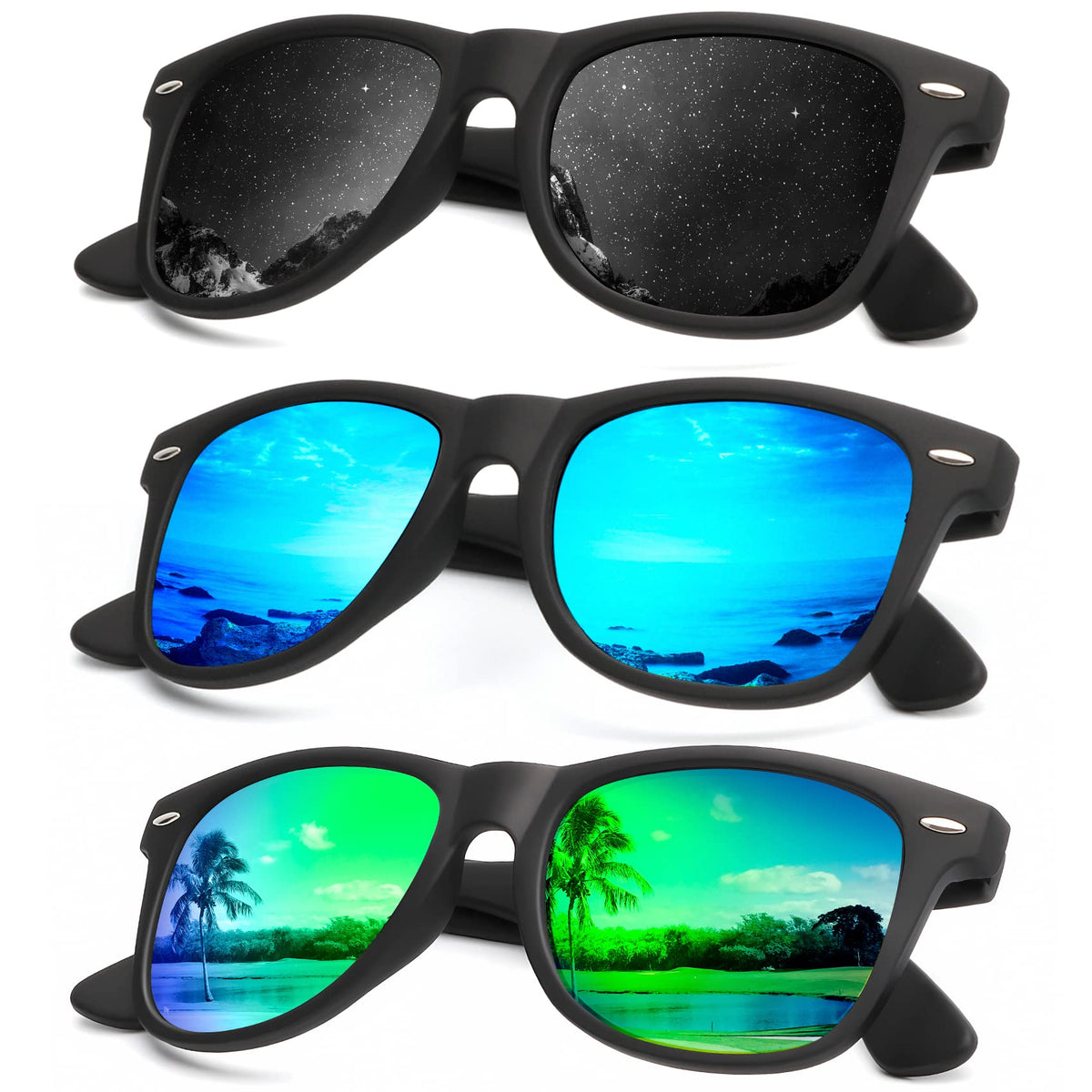 KALIYADI Polarized Sunglasses for Men and Women Matte Finish Sun glasses Color Mirror Lens UV Blocking (3 Pack)