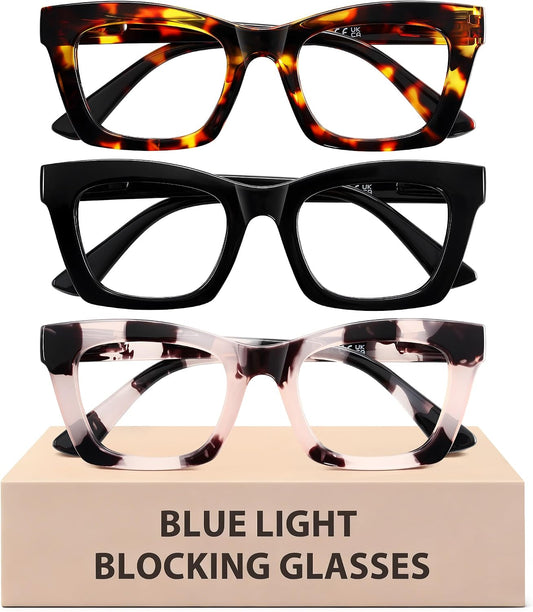 3 Pack Blue Light Glasses for Woman, Fashion Computer Blue Light Blocking Glasses, Anti Eye Strain Square Eyeglasses