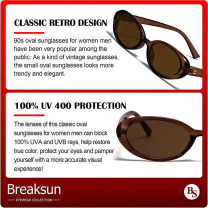 Breaksun Retro Oval Sunglasses for Women Men Fashion Small Oval Sunglasses 90s Vintage Shades