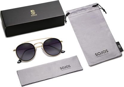 SOJOS Retro Vintage Round Polarized Sunglasses for Women Men Double Bridge Circle Sunnies SJ1104