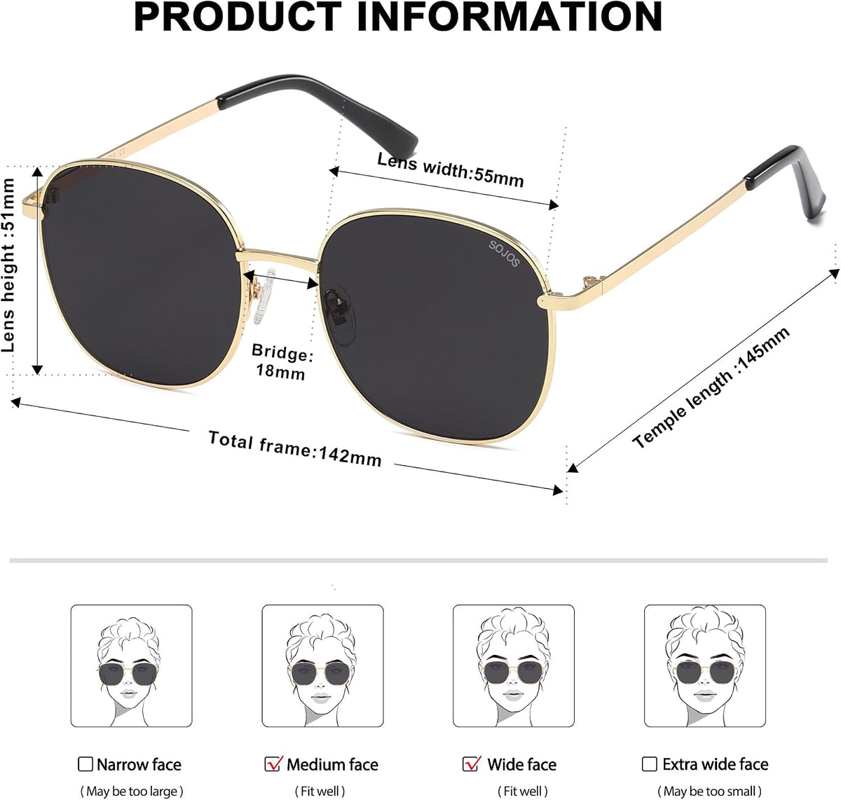 SOJOS Classic Trendy Square Sunglasses for Women Men Cute Big Frame Gold Shades SJ1137