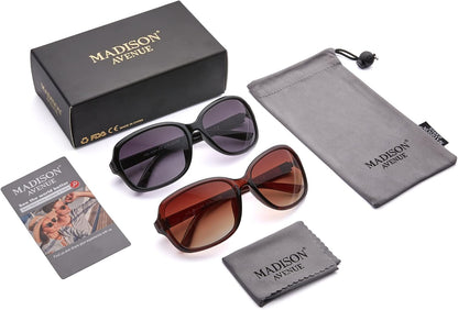 Madison Avenue 2 Pack Classic Vintage Sunglasses for Women, Fashion Sun Glasses with UV400 Protection