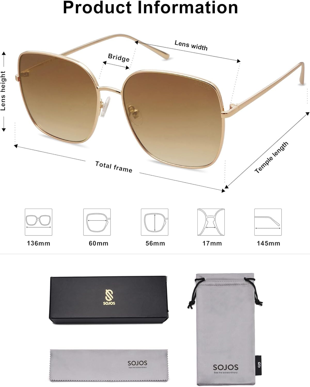 SOJOS Trendy Oversized Square Metal Frame Sunglasses for Women Men SJ1146