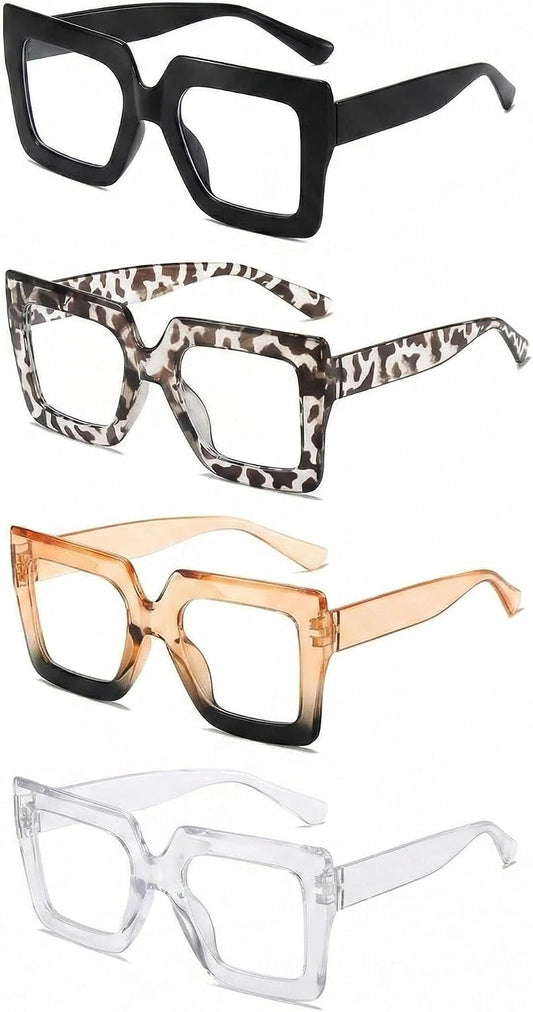 4 Pack Oversized Blue Light Glasses for Women Fashion Thick Square Large Frame Computer TV Eyewear Eyeglasses Non-Prescription Blocking Stylish Thick Square Readers