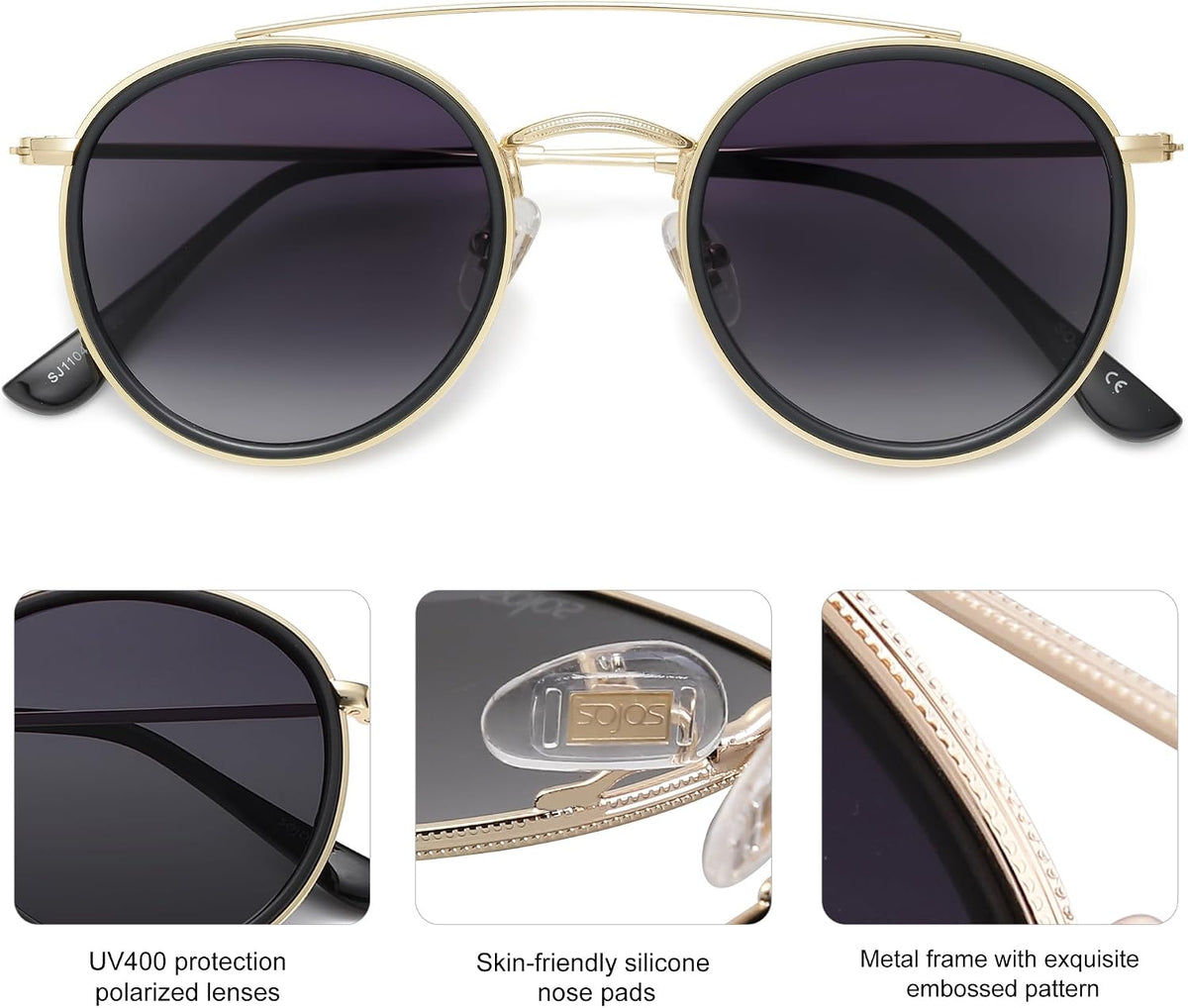 SOJOS Retro Vintage Round Polarized Sunglasses for Women Men Double Bridge Circle Sunnies SJ1104