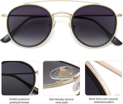 SOJOS Retro Vintage Round Polarized Sunglasses for Women Men Double Bridge Circle Sunnies SJ1104