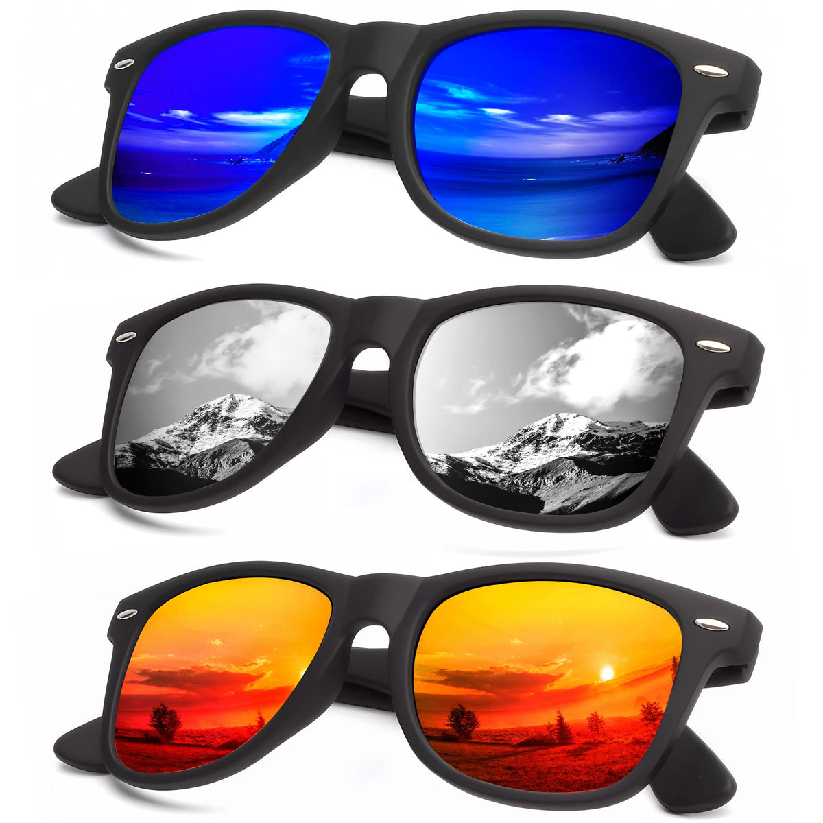 KALIYADI Polarized Sunglasses for Men and Women Matte Finish Sun glasses Color Mirror Lens UV Blocking (3 Pack)