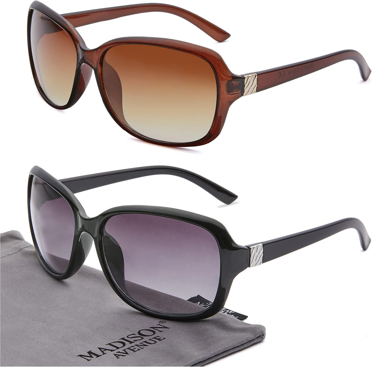 Madison Avenue 2 Pack Classic Vintage Sunglasses for Women, Fashion Sun Glasses with UV400 Protection